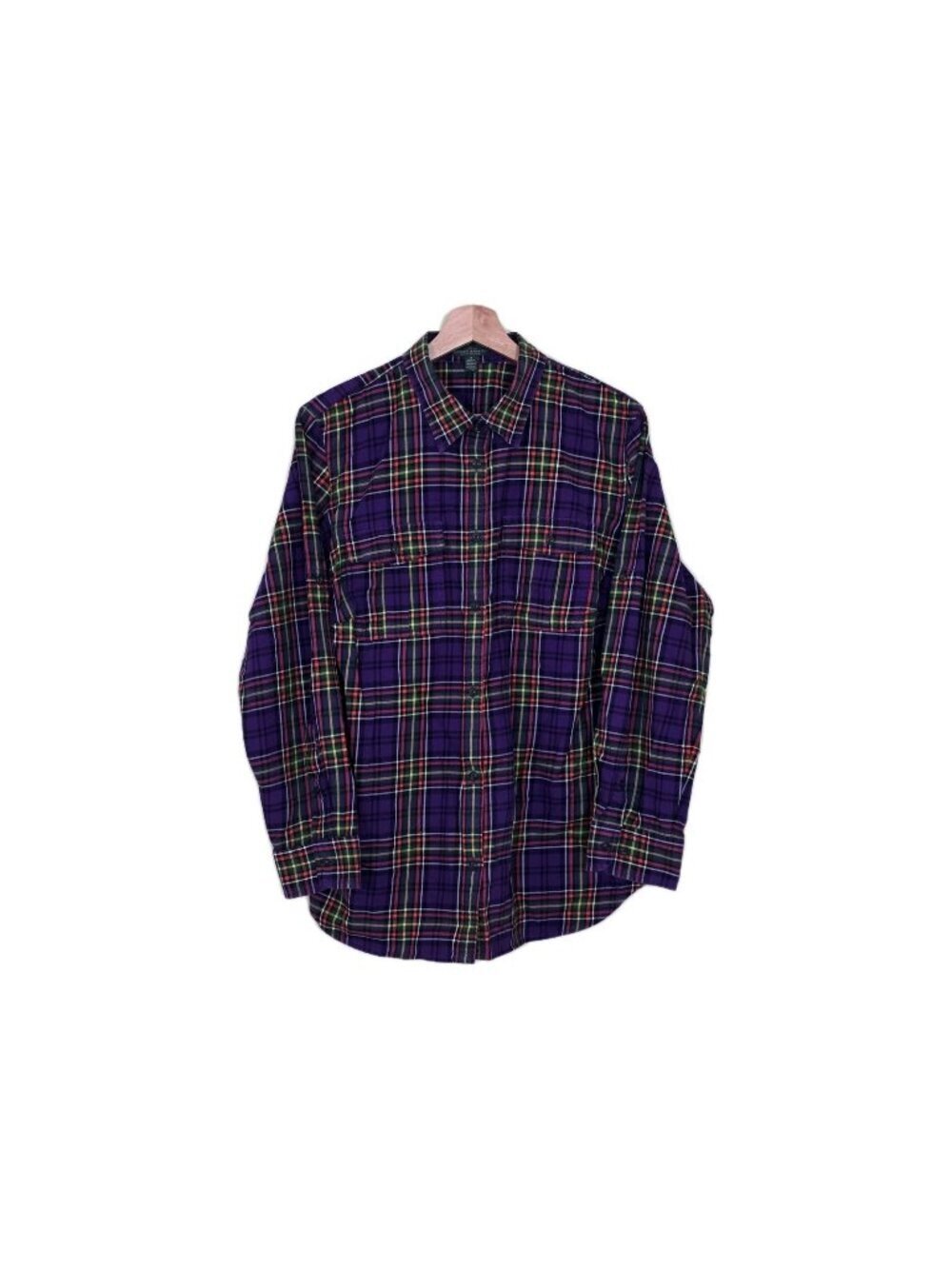 Ralph Lauren Top Shirt Women 1X Plaid Purple Multi Cotton Preppy Cottage Western